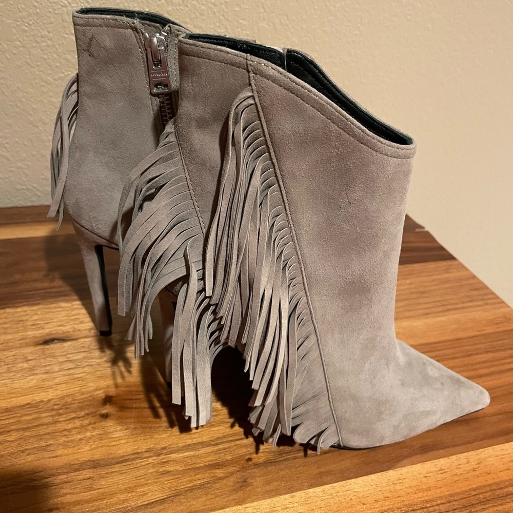 All Saints Gray Fall Fringe Suede Ankle Booties Sz 7
